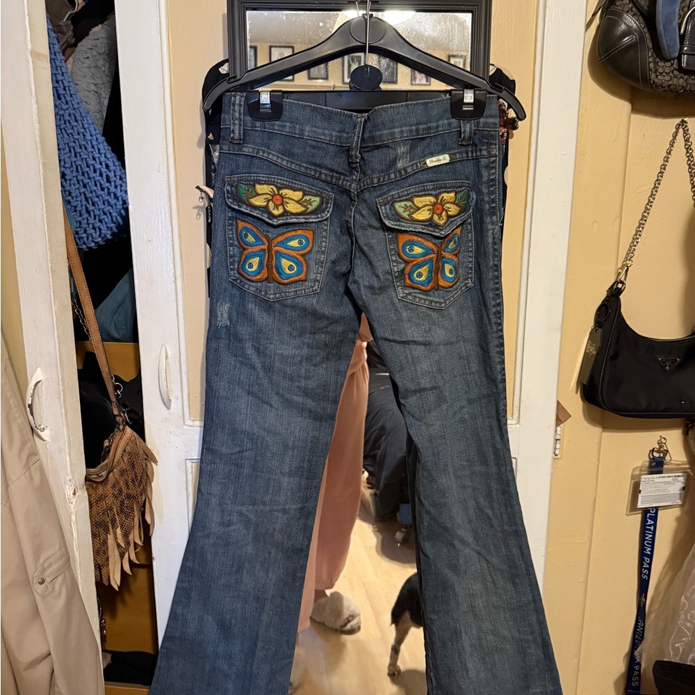 Frankie B. Blue Flare Jeans with Butterfly Embroidery